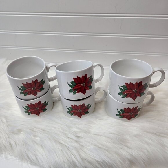 Vintage Set of (6) Hallmark Poinsettia & Holly Formal Dinner Cups Mugs - Picture 1 of 8